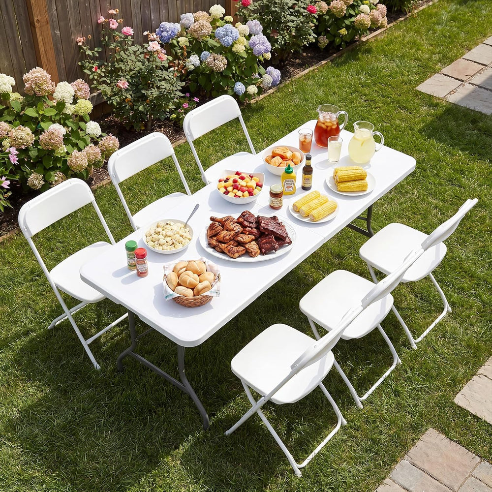 DUMOS 6 FT Folding Picnic Table with 6 Folding Chairs, Easy to Keep, White