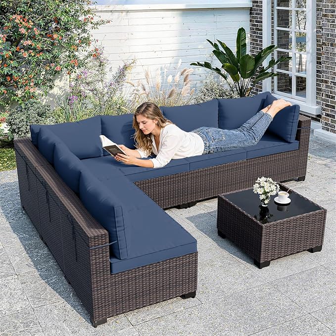 ALAULM Patio Furniture Set with Coffee Table, 7 Pieces Outdoor Sectional with...