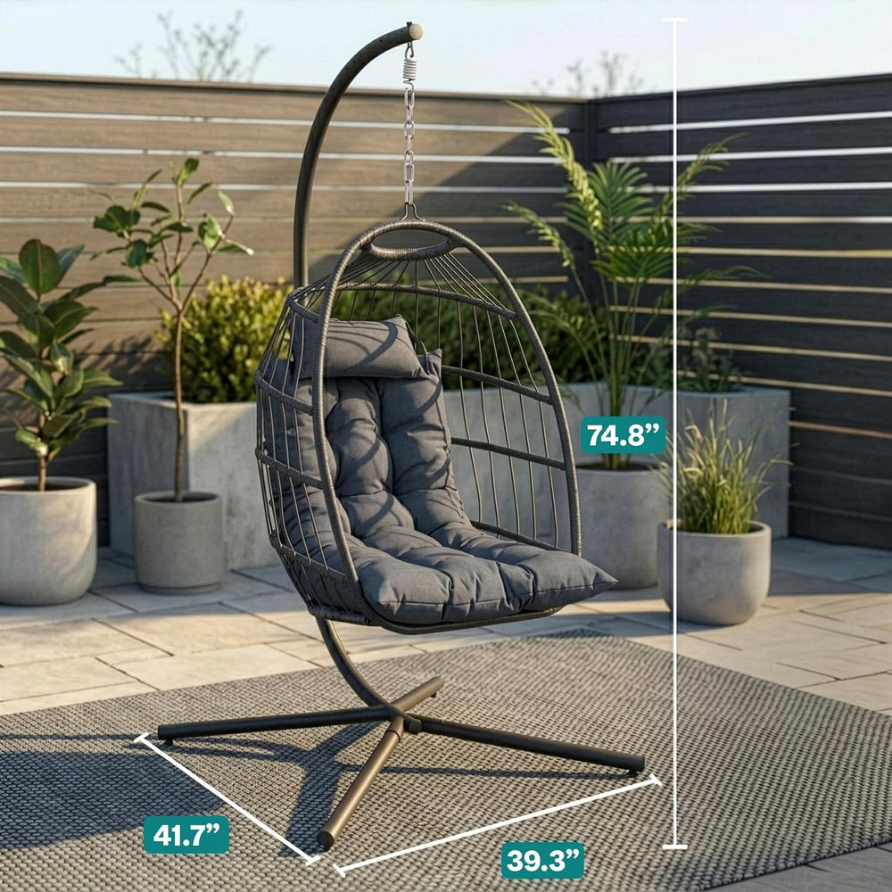 SereneLife Hanging Egg Chair with Stand | Foldable Rattan Wicker Hammock Chai...