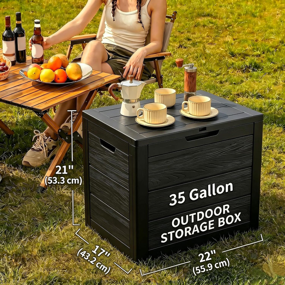 35 Gallon deck box outdoor waterproof, Resin Outdoor Storage, Black
