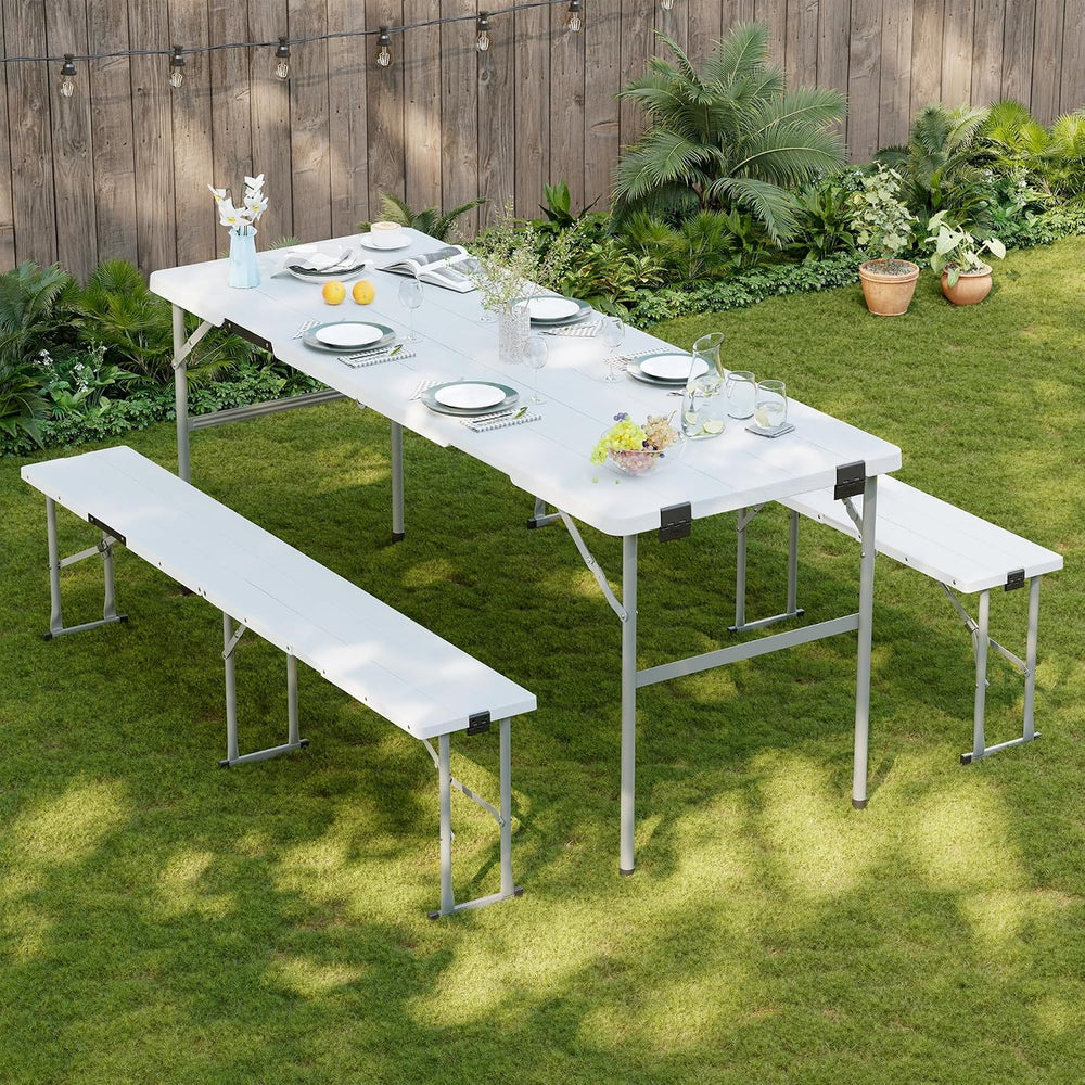 Picnic Table Set with 2 Benches,6 Feet Folding Camping Table Chair Set with W...