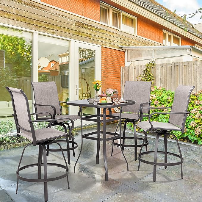 Vongrasig 5 Piece Patio Swivel Bar Set, All Weather Mental Textilene High Swi...
