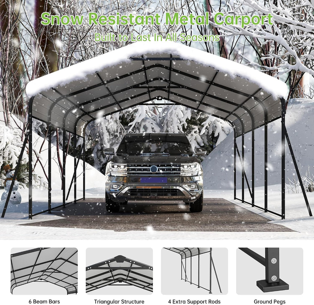 12x20 FT Updated Galvanized Steel Roof Metal Carport, Gray