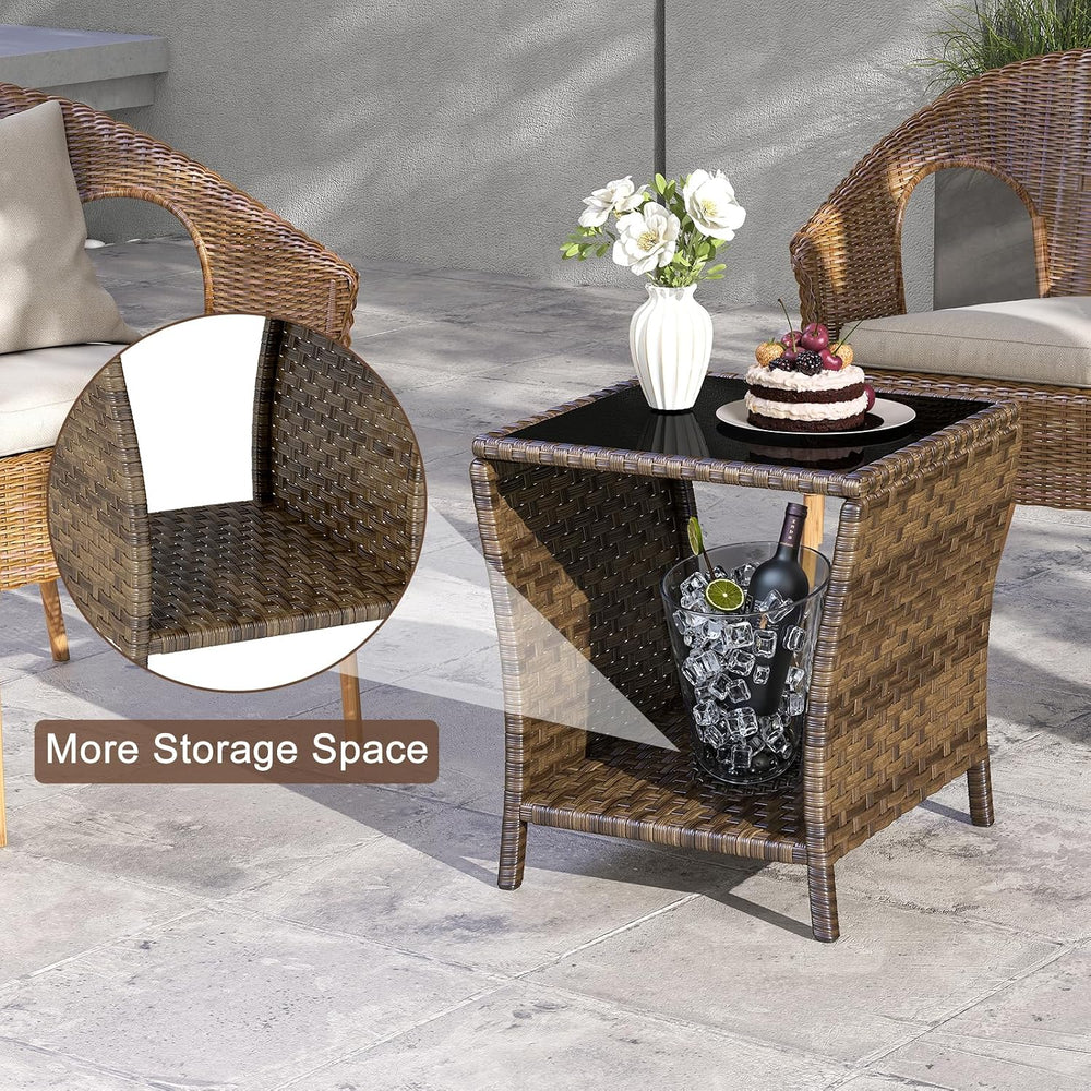 Outdoor Wicker Side Table, Rattan End Table, Glass Top,Patio Garden