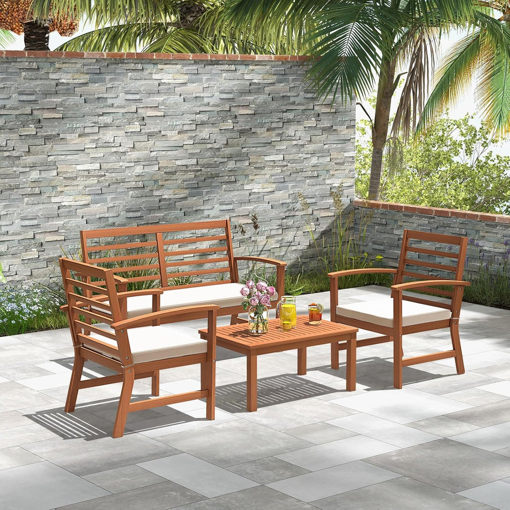 Tangkula 4 Pieces Outdoor Furniture Set, Acacia Wood Conversation Set w/Soft ...