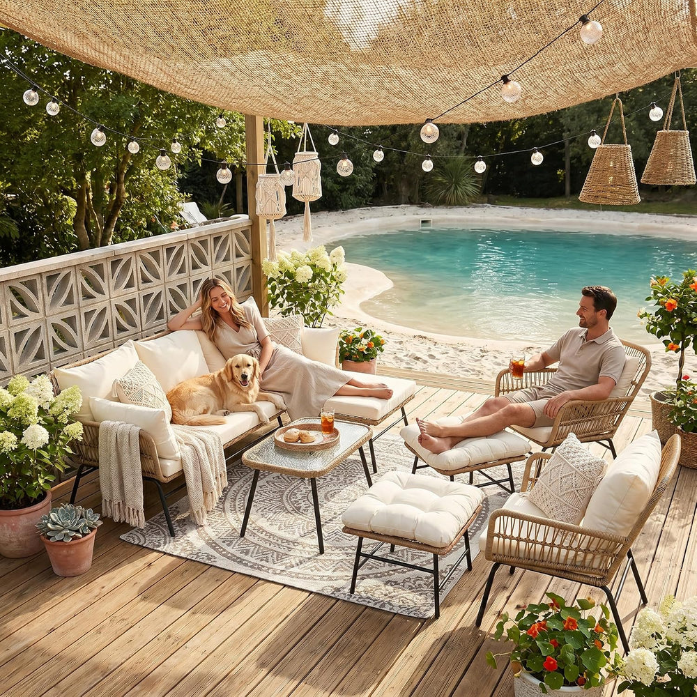 RADIATA 7 Pcs Boho Outdoor Furniture, L Shaped Sectional and 2 Ottomans