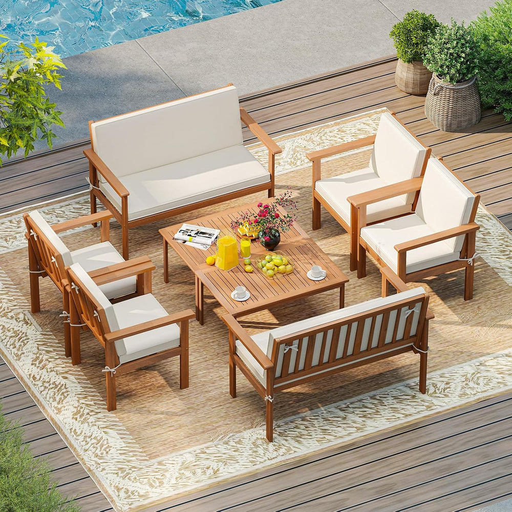 Tangkula 4 Pieces Acacia Wood Patio Conversation Set, Outdoor Wooden Cushione...