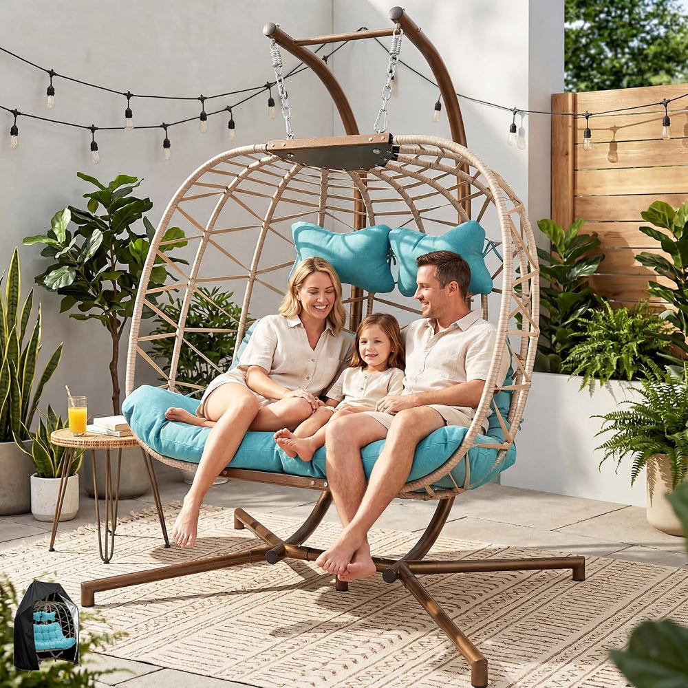 RADIATA Double Egg Swing Chair with Stand and Cover, Outdoor 2 Person, Teal