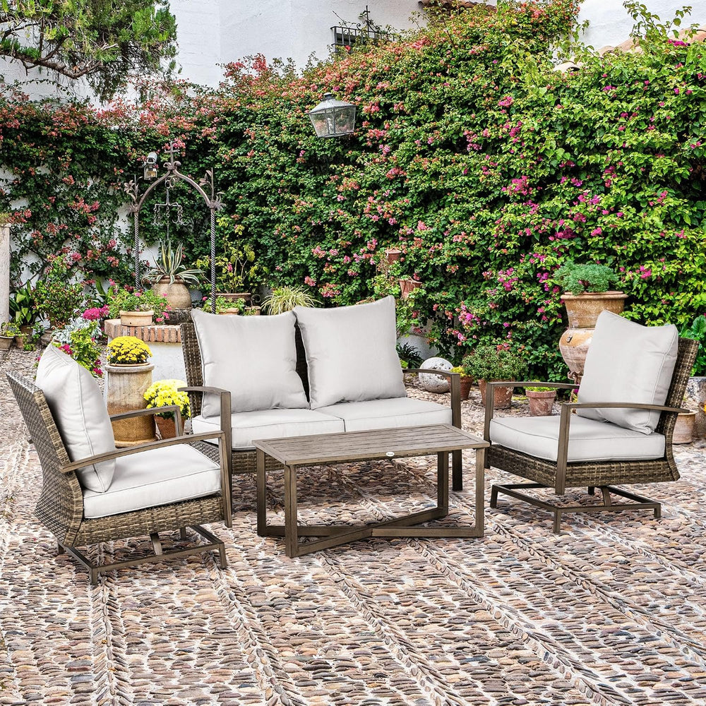 Outsunny 4 Piece Wicker Patio Furniture Set with 2 Rocking Chairs, Loveseat S...