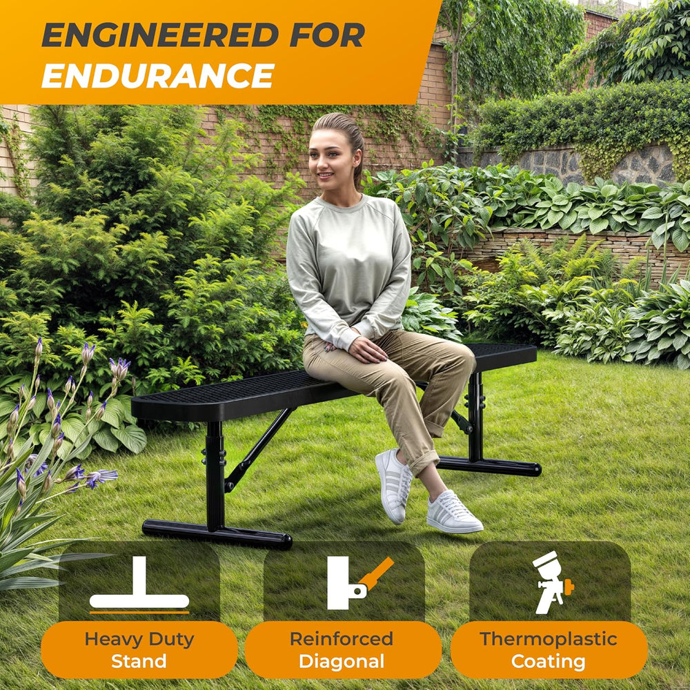Heavy-Duty Outdoor Metal Bench, Adjustable Seat Height