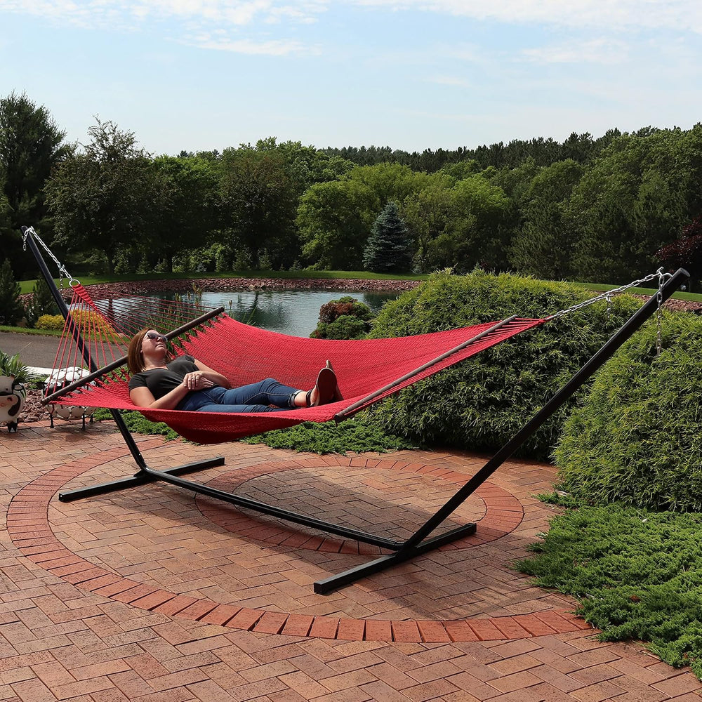 Sunnydaze XL Caribbean Rope 2-Person Hammock and Stand Combo, Red