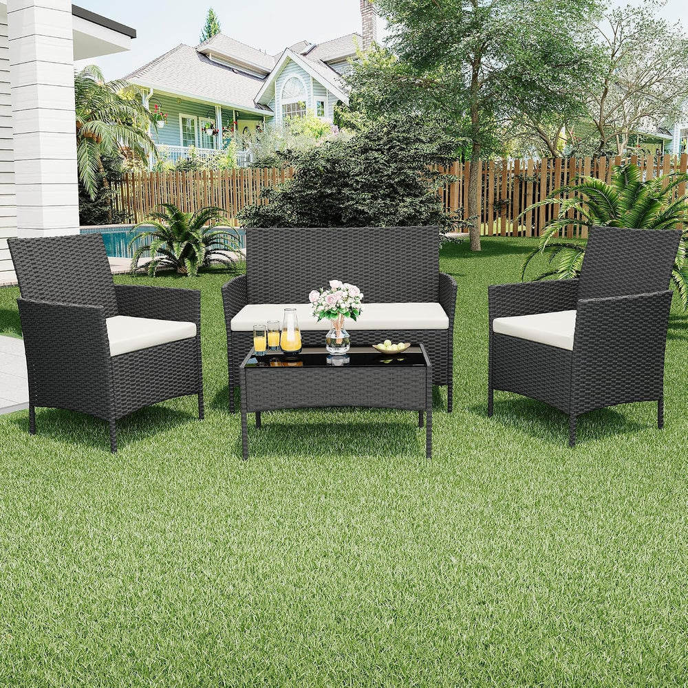 4-Piece Outdoor Patio Furniture Set, Wicker Furniture with Coffee Table, Mode...