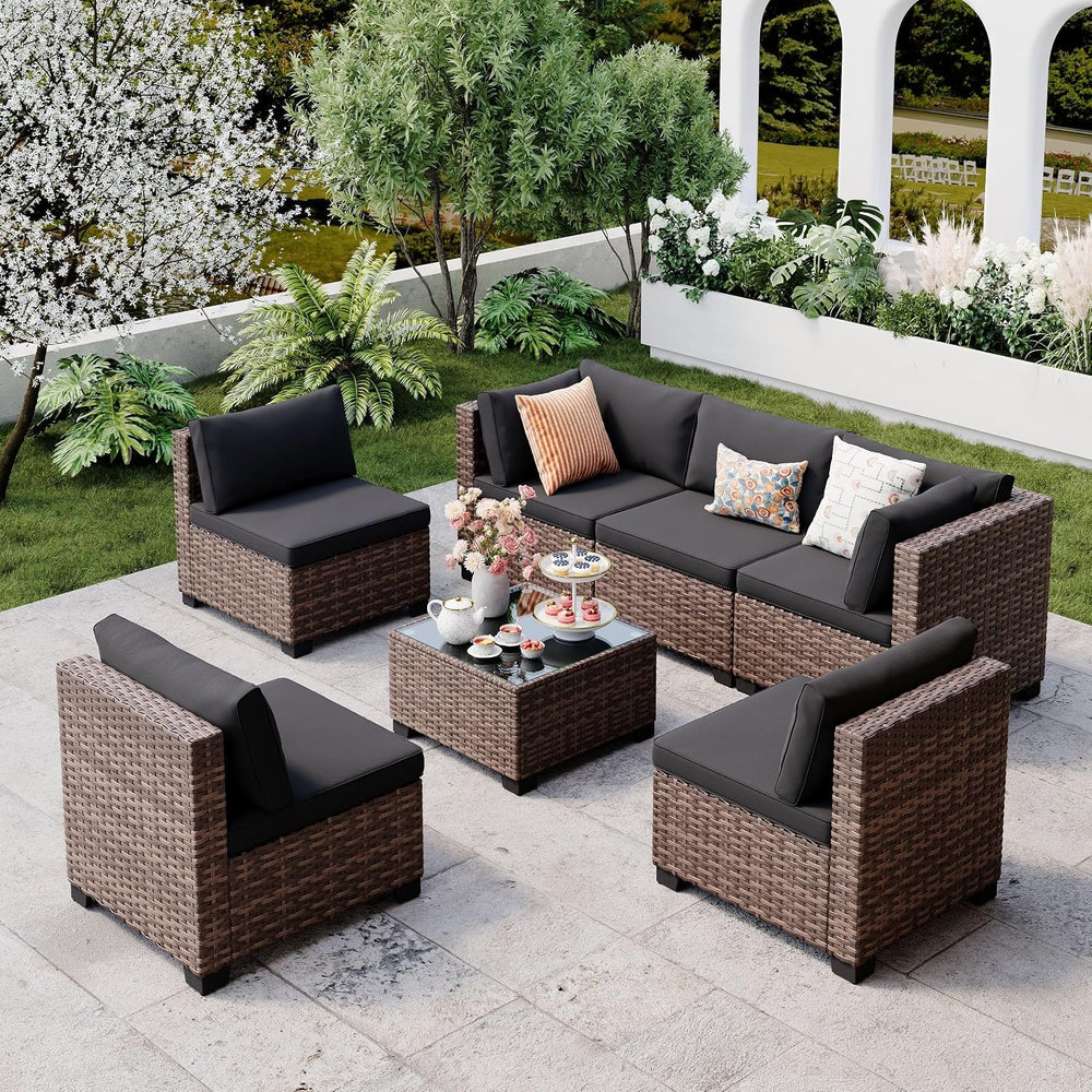 Qsun 7-Piece Patio Furniture Set, Outdoor PE Rattan Sectional Sofa with Cushi...