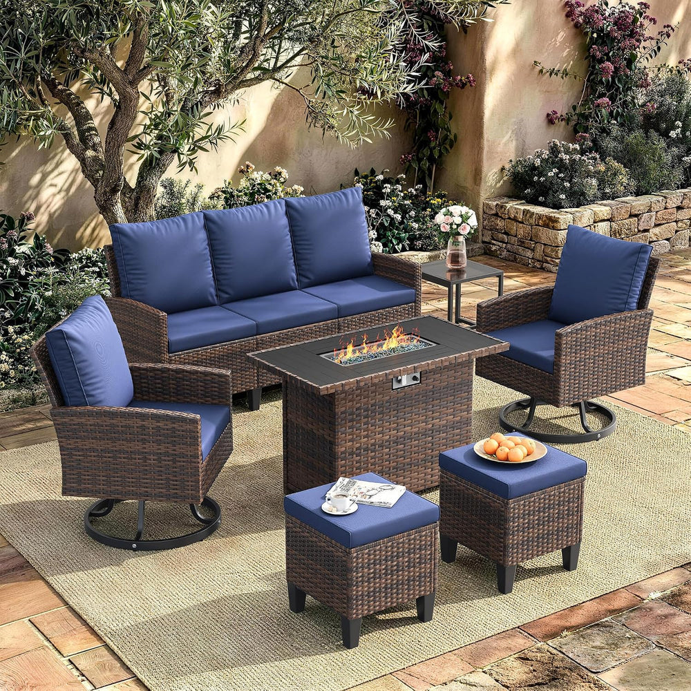 Amopatio 7 Pieces Patio Furniture Set with Fire Pit Table, 360° Swivel Chairs...