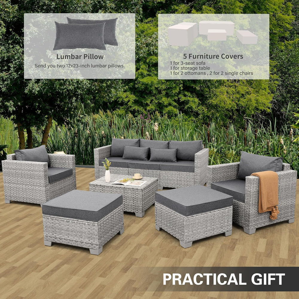 WAROOM Patio Furniture Set 6 Piece PE Rattan Outdoor Conversation Sets Grey W...