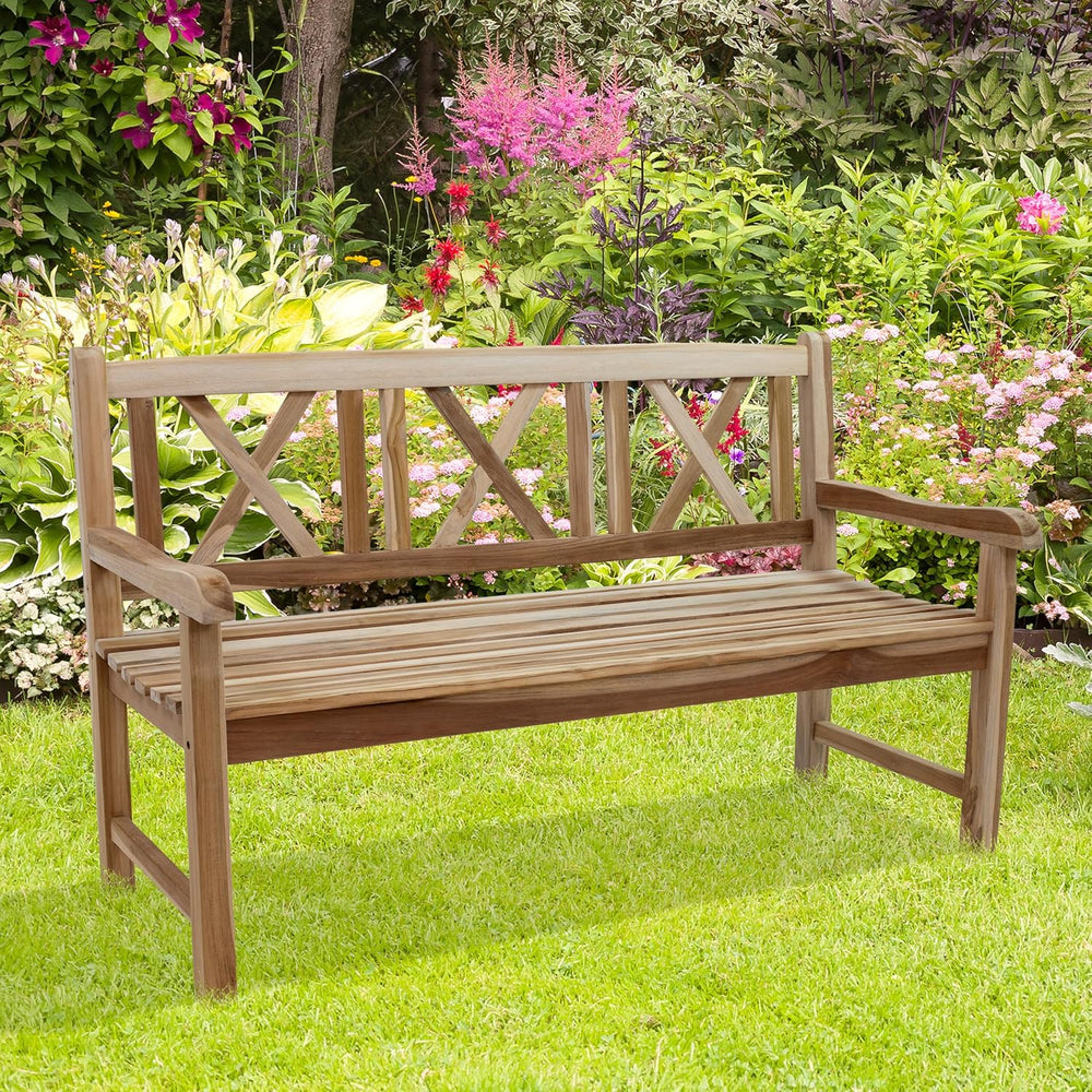 Sunnydaze 2-Person Cross-Back Wooden Teak Outdoor Bench for Porch, 59-Inch