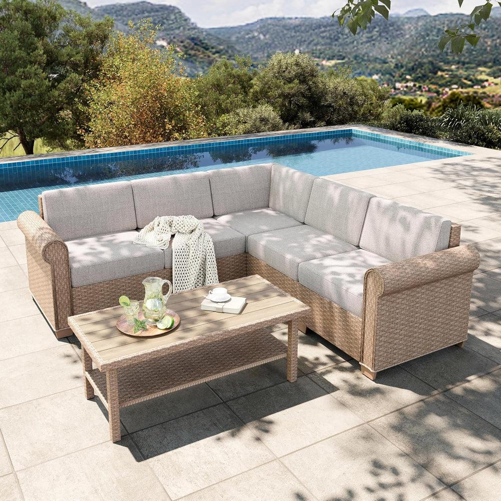 6-Piece Wicker Patio Furniture Set with 5 Seats, Beige