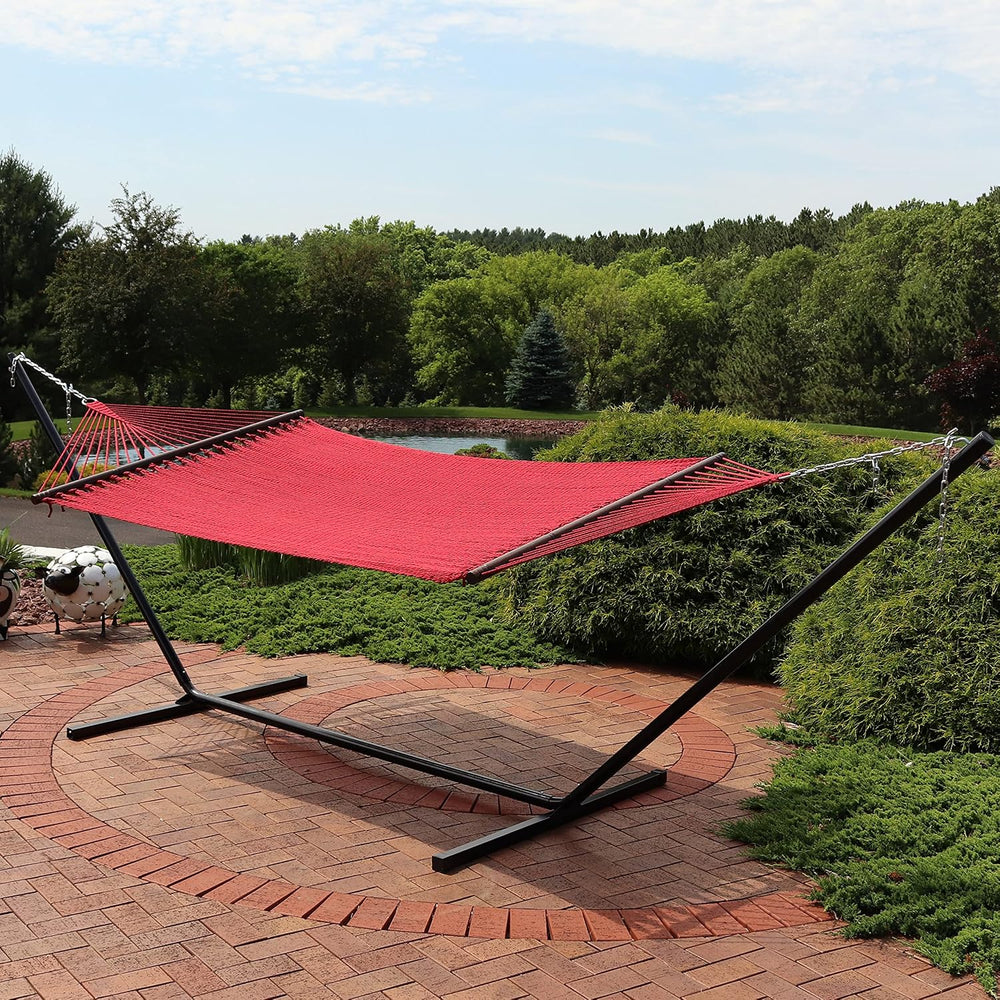Sunnydaze XL Caribbean Rope 2-Person Hammock and Stand Combo, Red